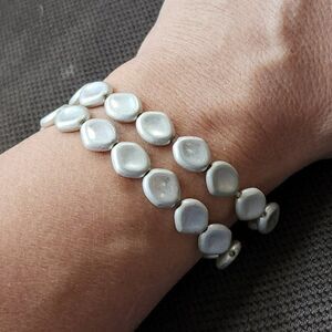Claire's Metallic Silver Flat Beaded Stretch Bracelet
